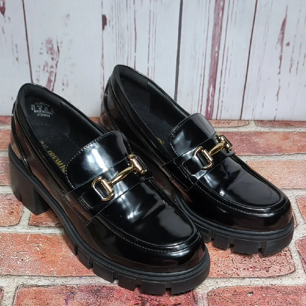 Dream Pairs Black Vegan Patent Leather Platform Loafers Chunky Lug Sole 8.5 7.5‎